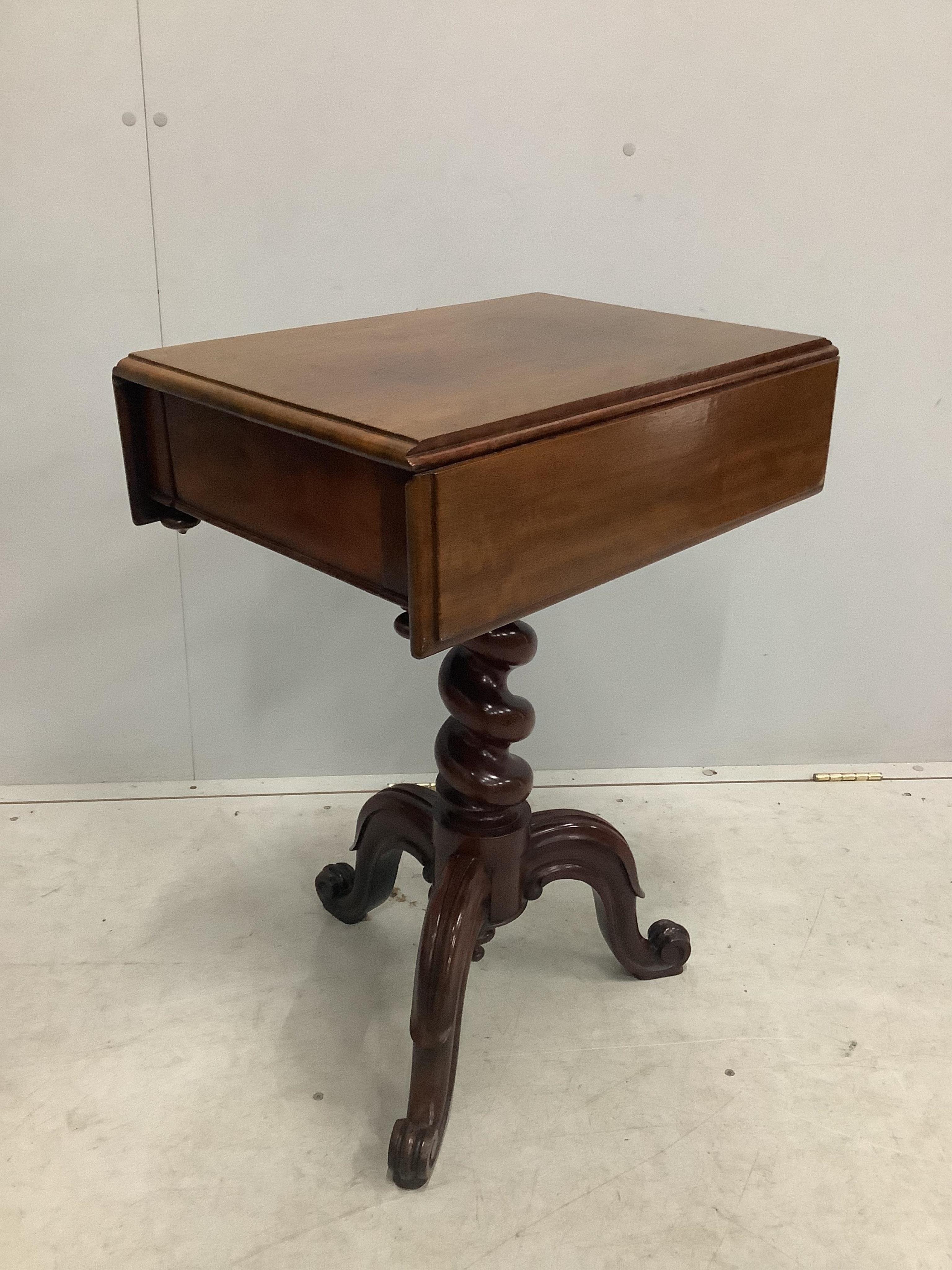 A Victorian mahogany drop flap side table, width 63cm, extended, depth 53cm, height 73cm. Condition - fair to good